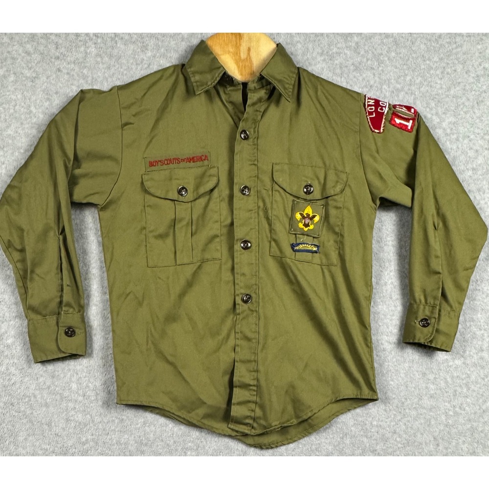 Vtg Boy Scouts of America Uniform Shirt Kids M Green Longhorn Council Patches